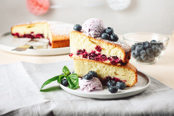 Blueberry sponge cake with berry ice cream.