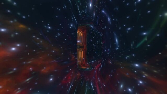 A fast flight through starry wormhole or time and space 3d 4k animation. Concept of the fast internet, hyperspace or teleportation. Colorful futuristic render