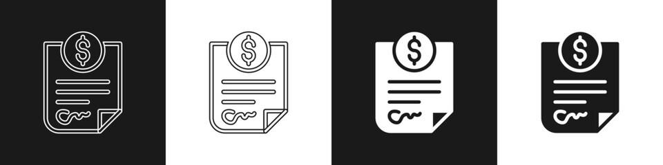 Set Contract money icon isolated on black and white background. Banking document dollar file finance money page. Vector