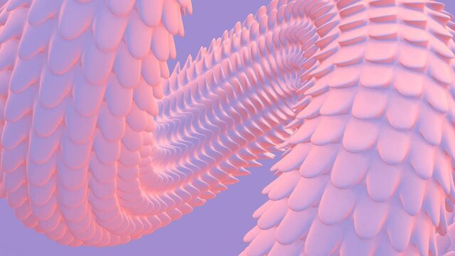 Light snake body moves on light purple background 3D 4K loop animation. Close-up.