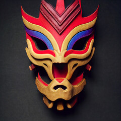 Akuma (devil) samurai mask. Multi color. Bushido Art. Full shot. Leather, metal and bone. Isolated.