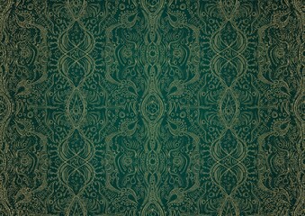 Hand-drawn unique abstract gold ornament on a dark green cold background, with vignette of darker background color and splatters of golden glitter. Paper texture. Digital artwork, A4. (pattern: p09b)