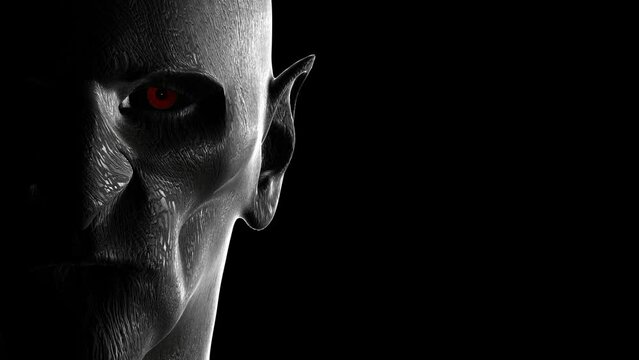 A close-up vampire face opens its eyes and shows its fangs on black background 3D 4K animation with copy space