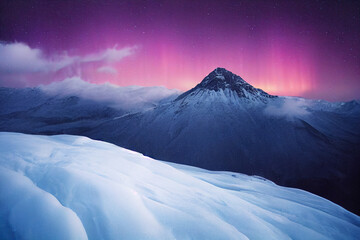 Northern Lights over snowy mountains. Aurora borealis with starry in the night sky. Fantastic...
