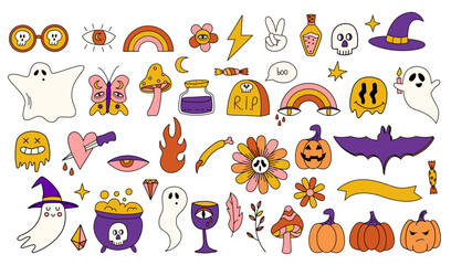 Retro 70s Halloween big set of elements. Doodle psychedelic halloween illustrations. Vector holiday elements. Ghost, pumpkins, smiles, witch hat, bat, candy