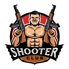 Shooter club emblem. Muscular man with machine guns. Cartoon vector illustration