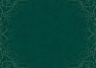 Dark cold green textured paper with vignette of golden hand-drawn pattern. Copy space. Digital artwork, A4. (pattern: p07-1a)