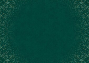 Dark cold green textured paper with vignette of golden hand-drawn pattern. Copy space. Digital artwork, A4. (pattern: p07-1b)