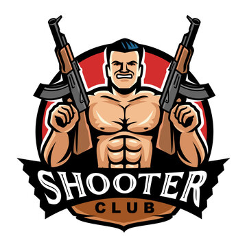 Shooter club emblem. Muscular man with machine guns. Cartoon vector illustration