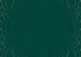 Dark cold green textured paper with vignette of golden hand-drawn pattern. Copy space. Digital artwork, A4. (pattern: p08-1b)