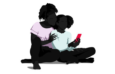 Silhouette of African American mother and teen kid using the smartphone. Vector flat style illustration isolated on white