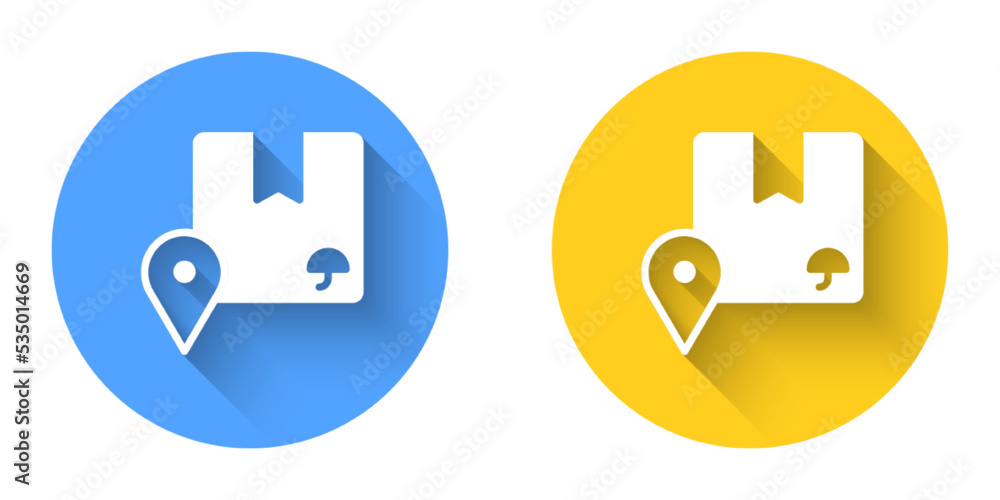Poster white location with cardboard box icon isolated with long shadow background. delivery services, logi