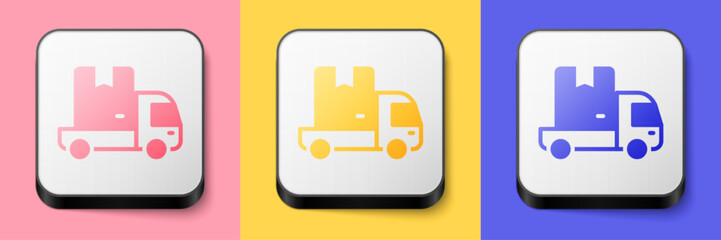 Isometric Delivery cargo truck vehicle icon isolated on pink, yellow and blue background. Square button. Vector