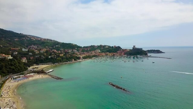 Drone shot over the sea of Lerici, mediterrean country in Liguria, 5 Terre, Italy