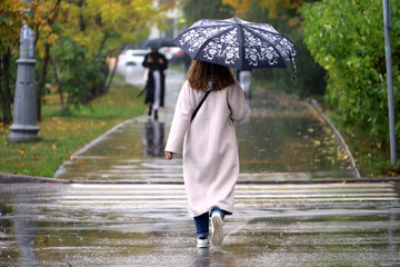 Rain in city, woman with umbrella crossing the street by crosswalk. Rainy weather in autumn