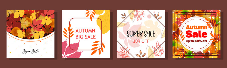 Trendy abstract square art templates with colorful leaves fall season and text Autumn sale with 50% off sale, Super Sale 30% off, Autumn big sale. Suitable for social media posts, mobile apps, banners