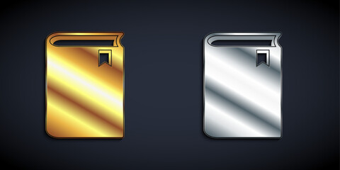 Gold and silver Book icon isolated on black background. Long shadow style. Vector