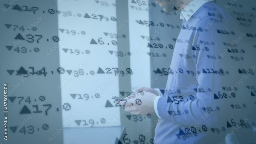 Poster animation of trading board over caucasian man using cellphone and looking through window at office