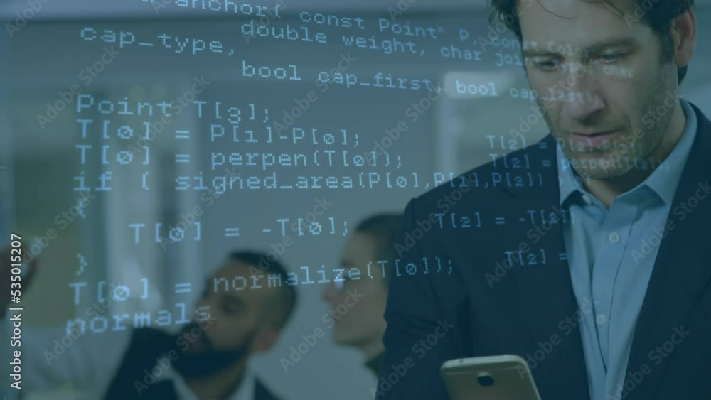 Poster animation of programming language over caucasian business man looking into cellphone at office