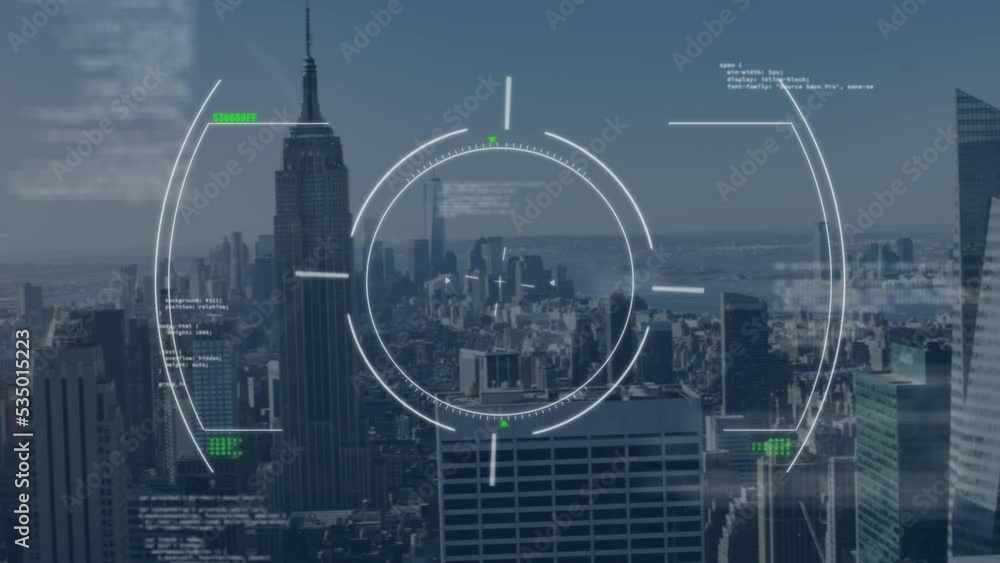 Poster animation of radar and programming language over aerial view of empire state building in city