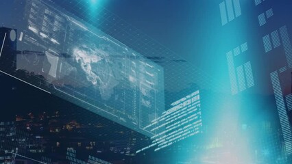 Animation of lens flare, globe and graphs over silhouette view of cityscape with clear sky - Powered by Adobe