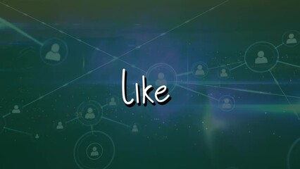 Animation of like text in arrows, lens flare, profile icons connected with lines, time-lapse of city - Powered by Adobe