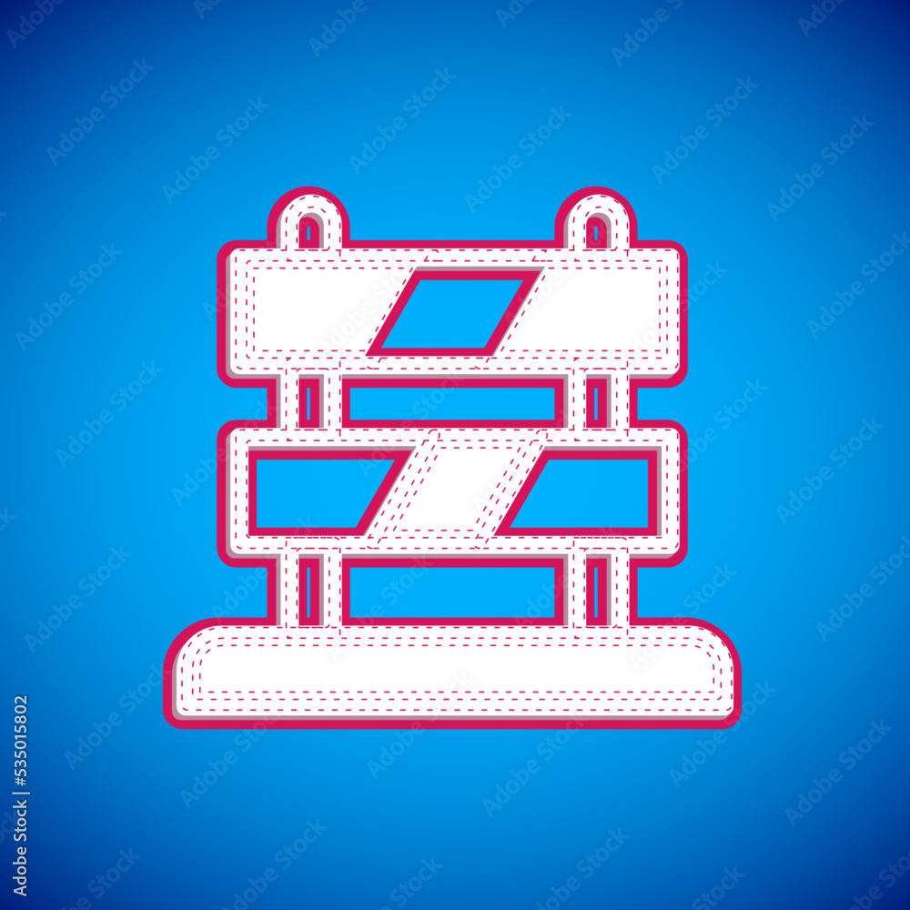 Poster white end of railway tracks icon isolated on blue background. stop sign. railroad buffer end to dest