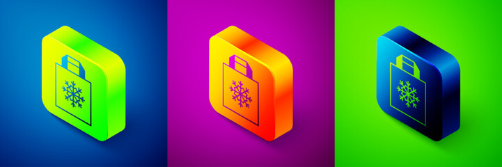 Isometric Christmas paper shopping bag with snowflake icon isolated on blue, purple and green background. Package sign. Merry Christmas and Happy New Year. Square button. Vector