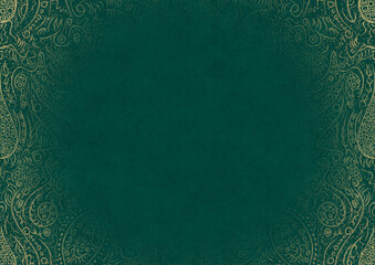 Dark cold green textured paper with vignette of golden hand-drawn pattern with golden glitter splatter. Copy space. Digital artwork, A4. (pattern: p01a)