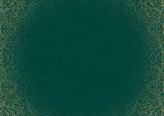 Dark cold green textured paper with vignette of golden hand-drawn pattern with golden glitter splatter. Copy space. Digital artwork, A4. (pattern: p02-2b)