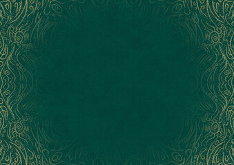 Dark cold green textured paper with vignette of golden hand-drawn pattern with golden glitter splatter. Copy space. Digital artwork, A4. (pattern: p03a)