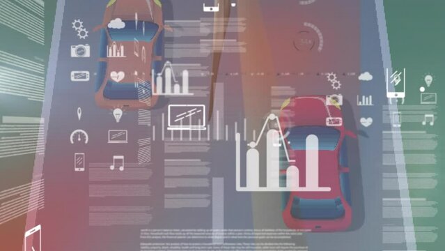 Animation of data processing over cars on street and wind turbine