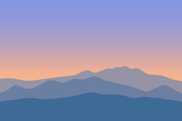 Fototapeta na wymiar vector illustration of mountain landscape before sunrise with gradient color. View of a mountains range. Landscape during sunset at the summer time. Foggy hills in the mountains ragion. 