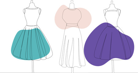 dresses drawing by one continuous line, isolated vector