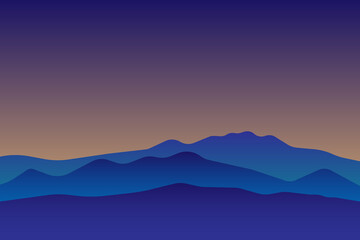 Fototapeta na wymiar jpeg illustration jpg of beautiful scenery mountains in dark blue gradient color. View of a mountains range. Landscape during sunset at the summer time. Foggy hills in the mountains ragion. 