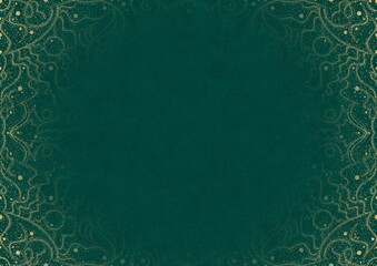 Dark cold green textured paper with vignette of golden hand-drawn pattern with golden glitter splatter. Copy space. Digital artwork, A4. (pattern: p07-2a)
