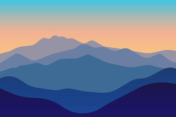vector illustration of mountain landscape before sunrise with gradient color. View of a mountains range. Landscape during sunset at the summer time. Foggy hills in the mountains ragion.
