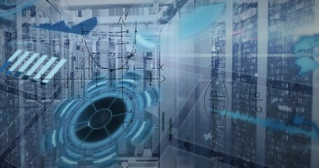 Animation of data processing, math formulas and processing circle over servers - Powered by Adobe