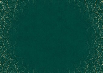 Dark cold green textured paper with vignette of golden hand-drawn pattern with golden glitter splatter. Copy space. Digital artwork, A4. (pattern: p08-1b)