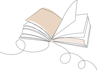 book open drawing by one continuous line, isolated