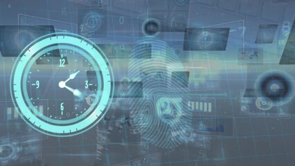 Animation of neon ticking clock and cyber security data processing against grey background - Powered by Adobe