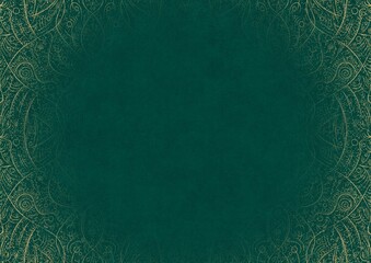 Dark cold green textured paper with vignette of golden hand-drawn pattern with golden glitter splatter. Copy space. Digital artwork, A4. (pattern: p08-2b)