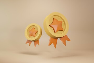 3d premium star gold coin  and ribbon.Cartoon 3d illustrator.