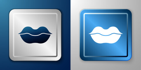 White Smiling lips icon isolated on blue and grey background. Smile symbol. Silver and blue square button. Vector