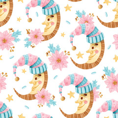 Happy crescent with hat and pink poinsettia watercolor seamless pattern