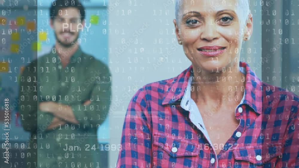 Poster animation of interference and data processing over diverse business people at office