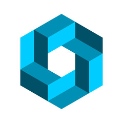 Obraz premium Blue impossible hexagon symbol. Penrose geometric shape. Infinity, endless concept. Esher geometric object made of 3D rectangles. Intertwined isometric design elements. Vector illustration, clip art
