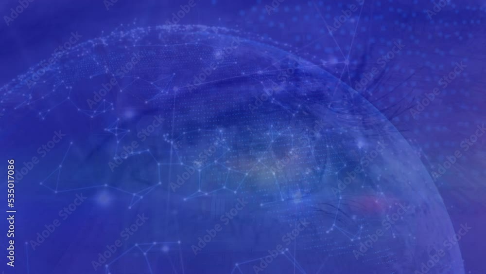 Poster animation of network of connections with data processing over globe and eye