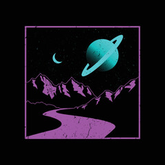 Adventure Mountain with River and Saturn Planet space Illustration For T-shirt, Print, and more © wafi zimamul