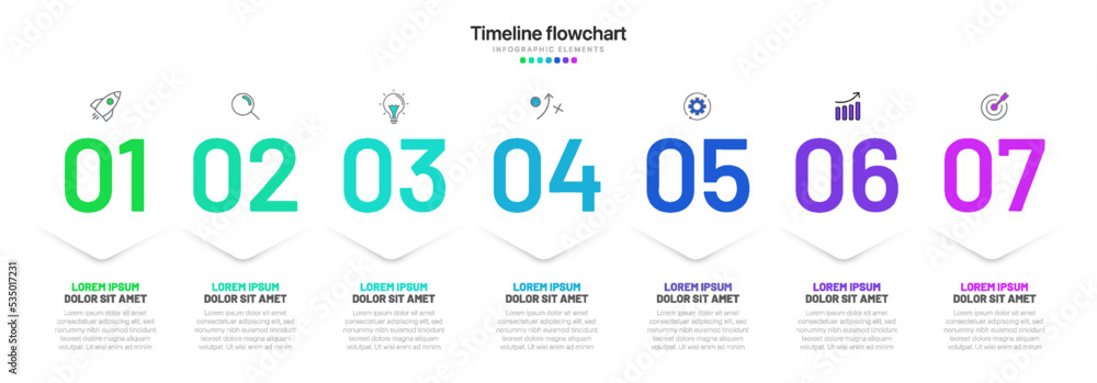 Poster Timeline infographic design with 7 options or steps. Infographics for business concept. Can be used for presentations workflow layout, banner, process, diagram, flow chart, info graph, annual report.